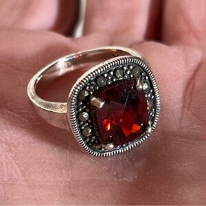 Vintage Sterling Silver art deco Emerald cut red Glass Marcasite Ring